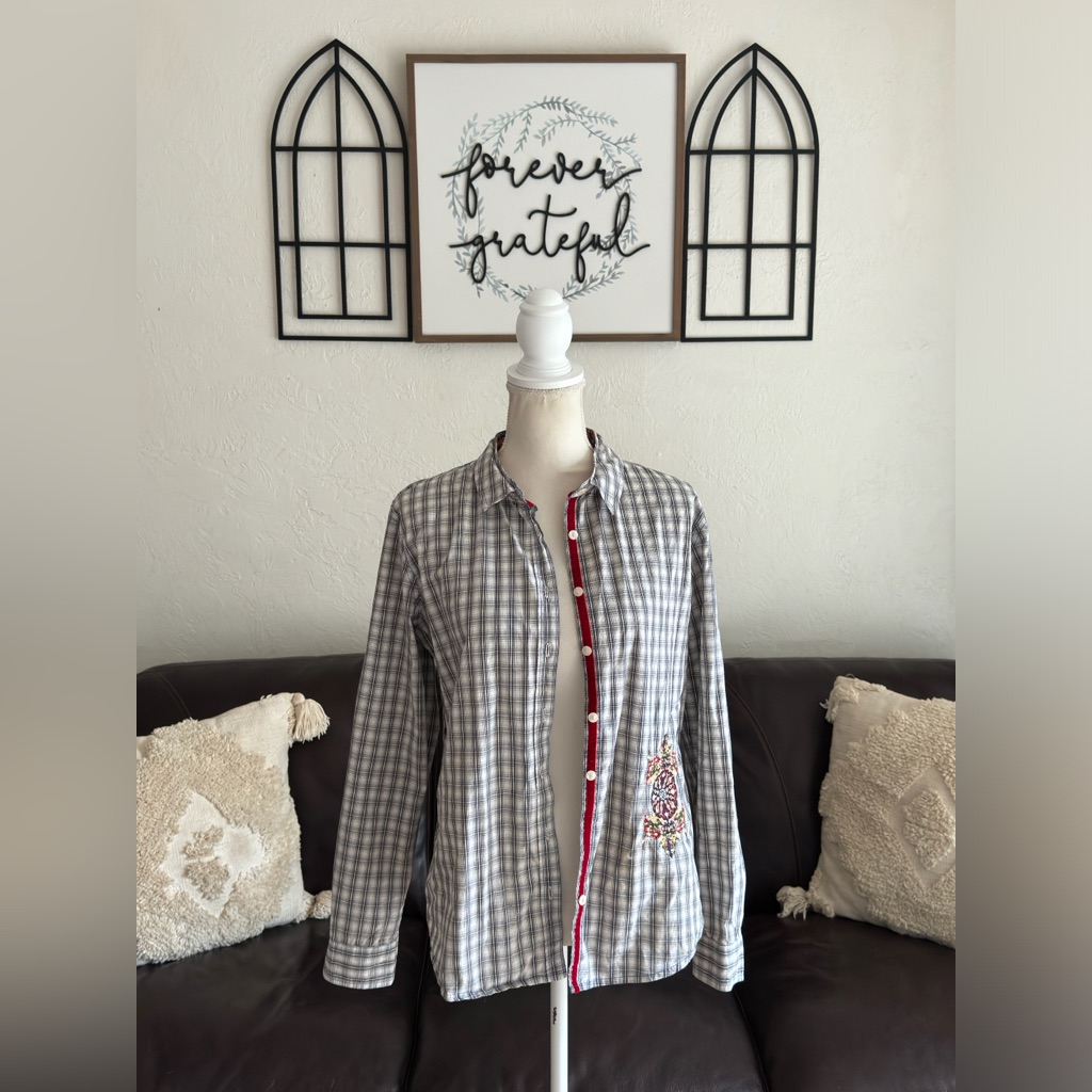 Vintage 3j Workshop By Johnny Was Button Up Shirt Size L Embroidered Hippie Boho